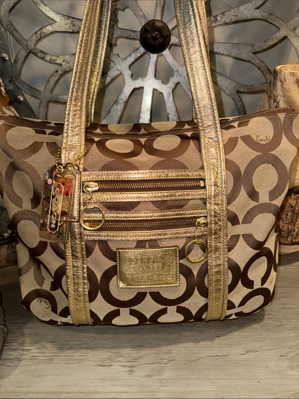 Coach Poppy Opart C Glam Canvas Tote with Gold Metallic Accents and Confetti Tag
